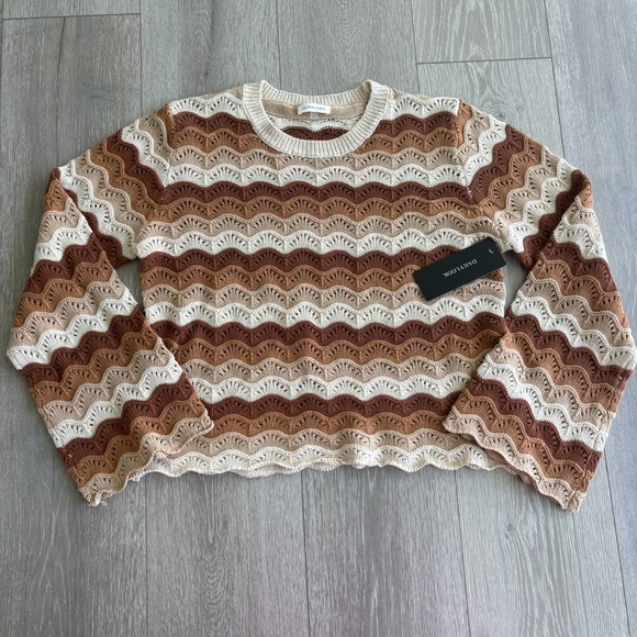 Olivia Grey Sweaters - NWT Olivia Grey Womens Tan Multi Chevron Striped Open Knit Sweater Size M